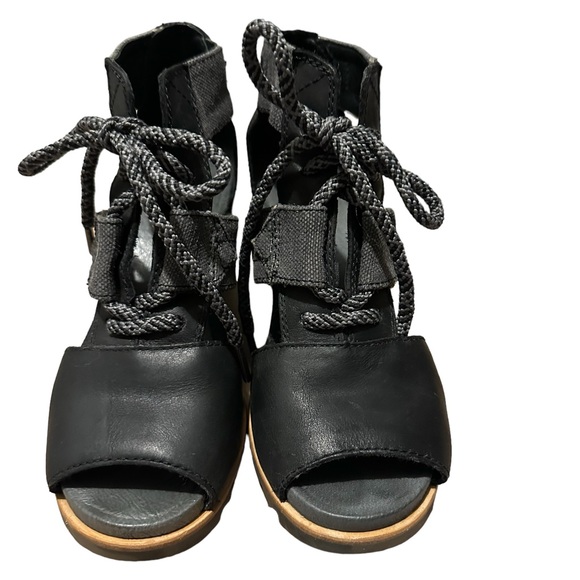 SOREL Joanie Wedge Peep-toe Sandals  with laces on Black with Gray Size 7 !! - Picture 2 of 11